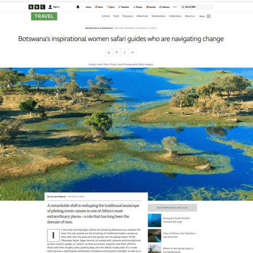 Screen shot of BBCTravle.com website featuring an article written by Carmen Roberts reporting from Botswana