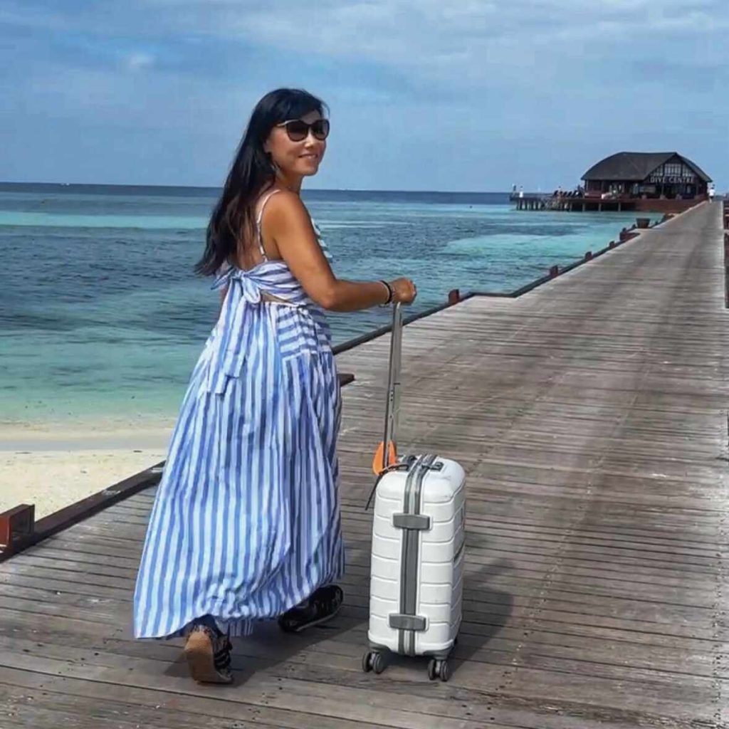 Carmen Roberts travelling in the Maldives with hand luggage