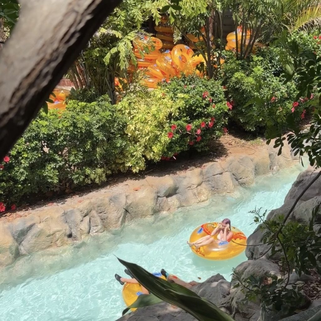Drifting through Siam Park’s tropical gardens on the 1km Mai Thai River.
